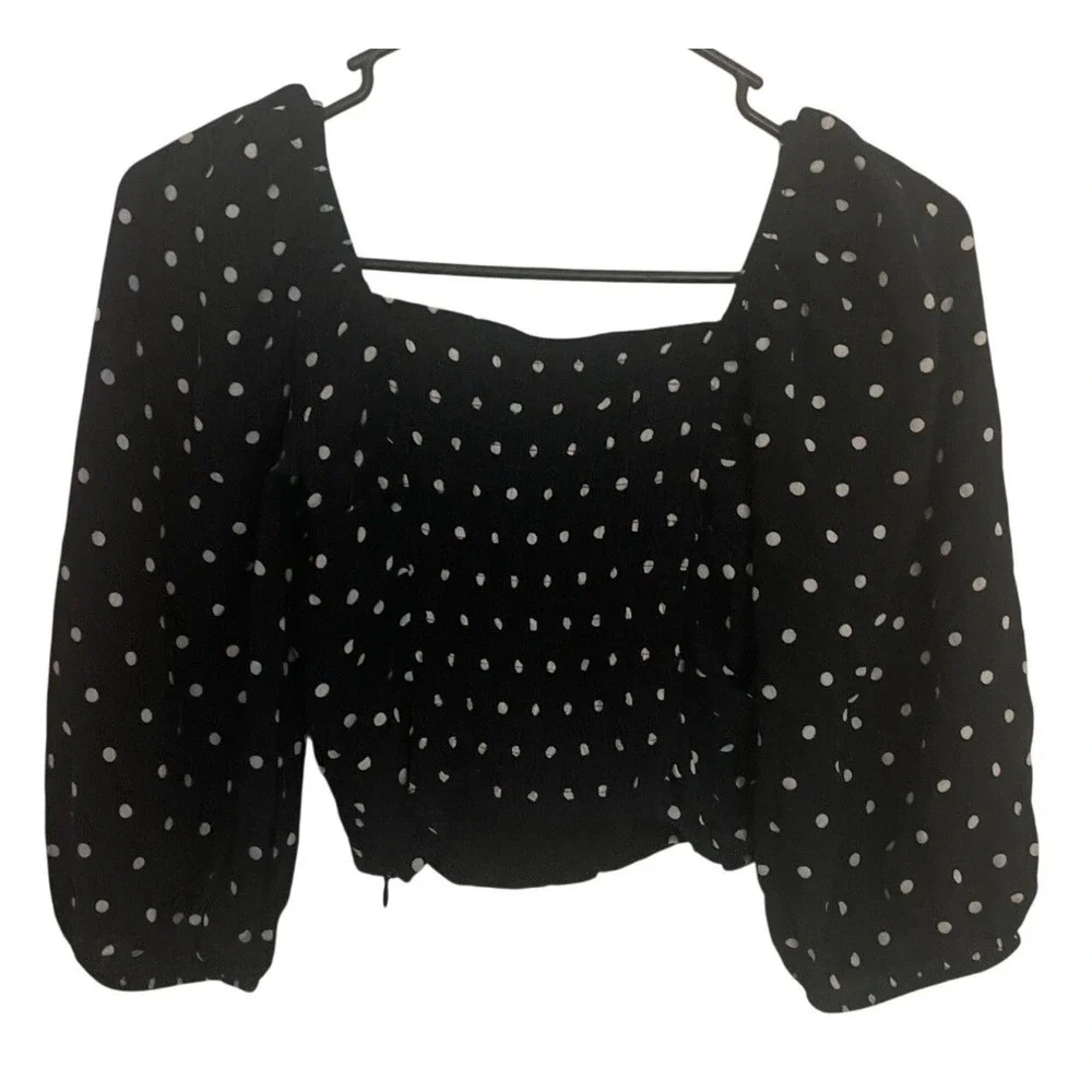 Zara Women Polka Dot Blouse Puff Sleeve Cropped Smocked Ruched Crop Top Black S